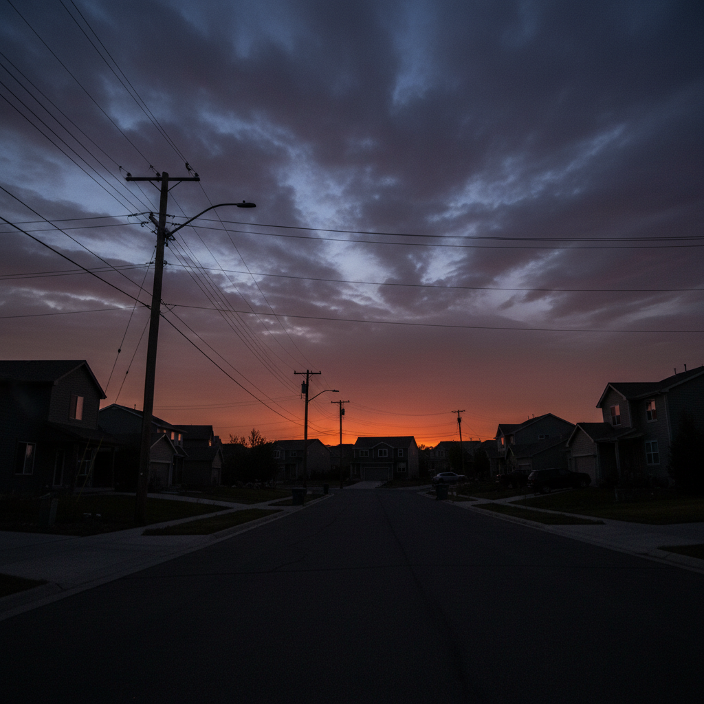 Dark Colorado neighborhood during a power outage with dramatic wildfire glow on the horizon