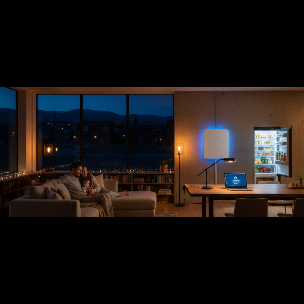 Colorado home interior lit up during a neighborhood power outage, with Tesla Powerwall battery providing backup power