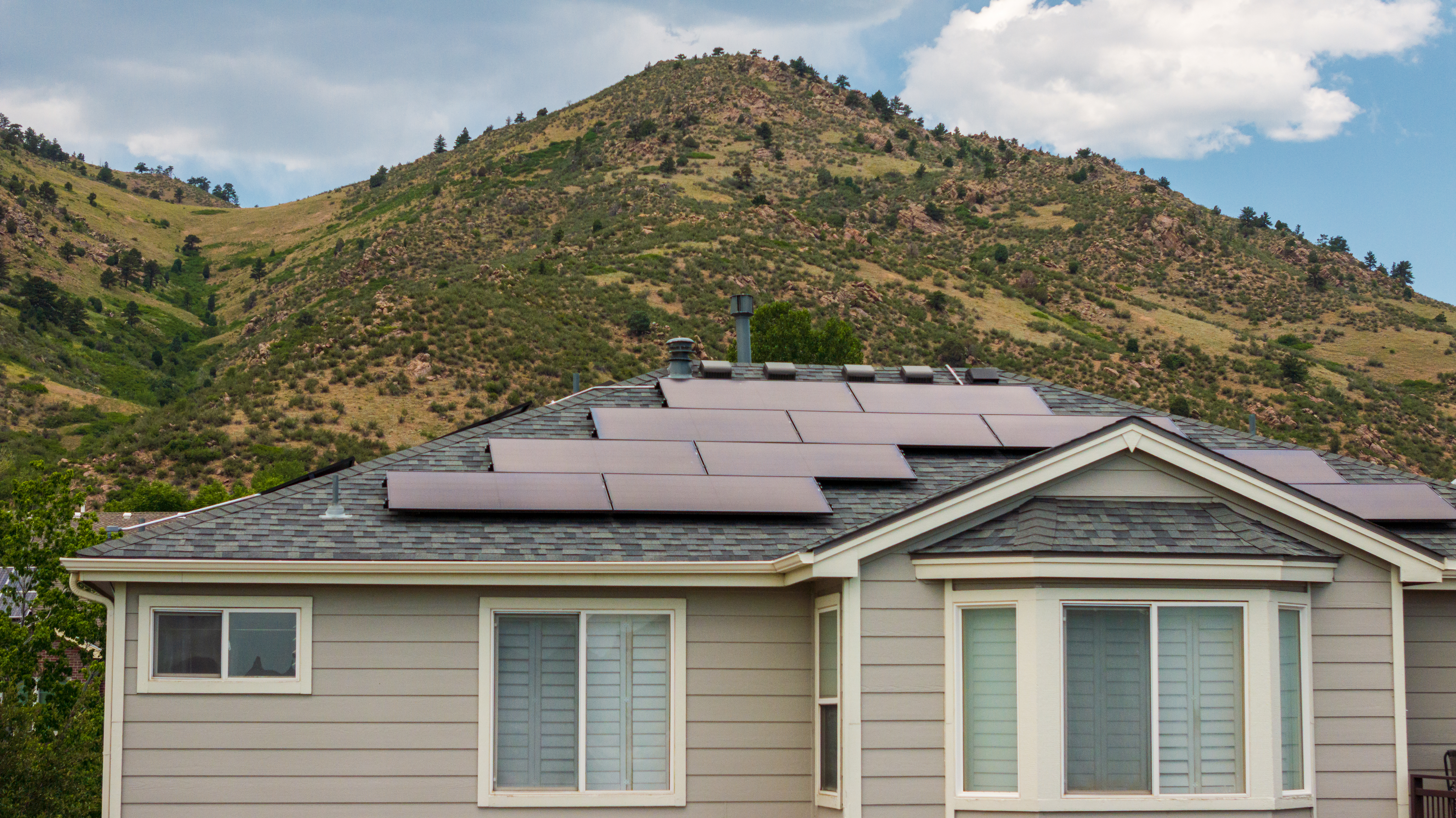 Solar panels installed on a Colorado home — aerial view