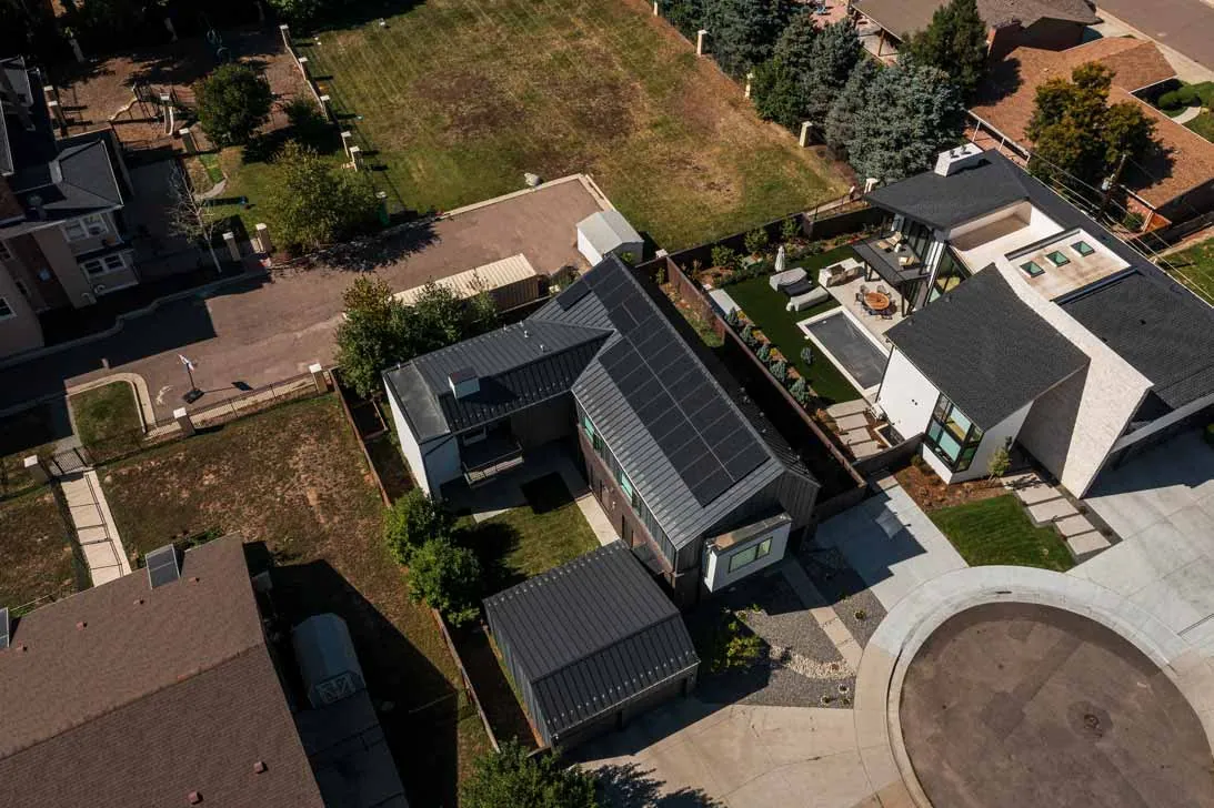Aerial view of a Colorado home with rooftop solar panels