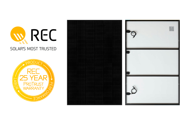 REC Alpha Pure-RX all-black panel — front and back with REC ProTrust 25-year warranty seal