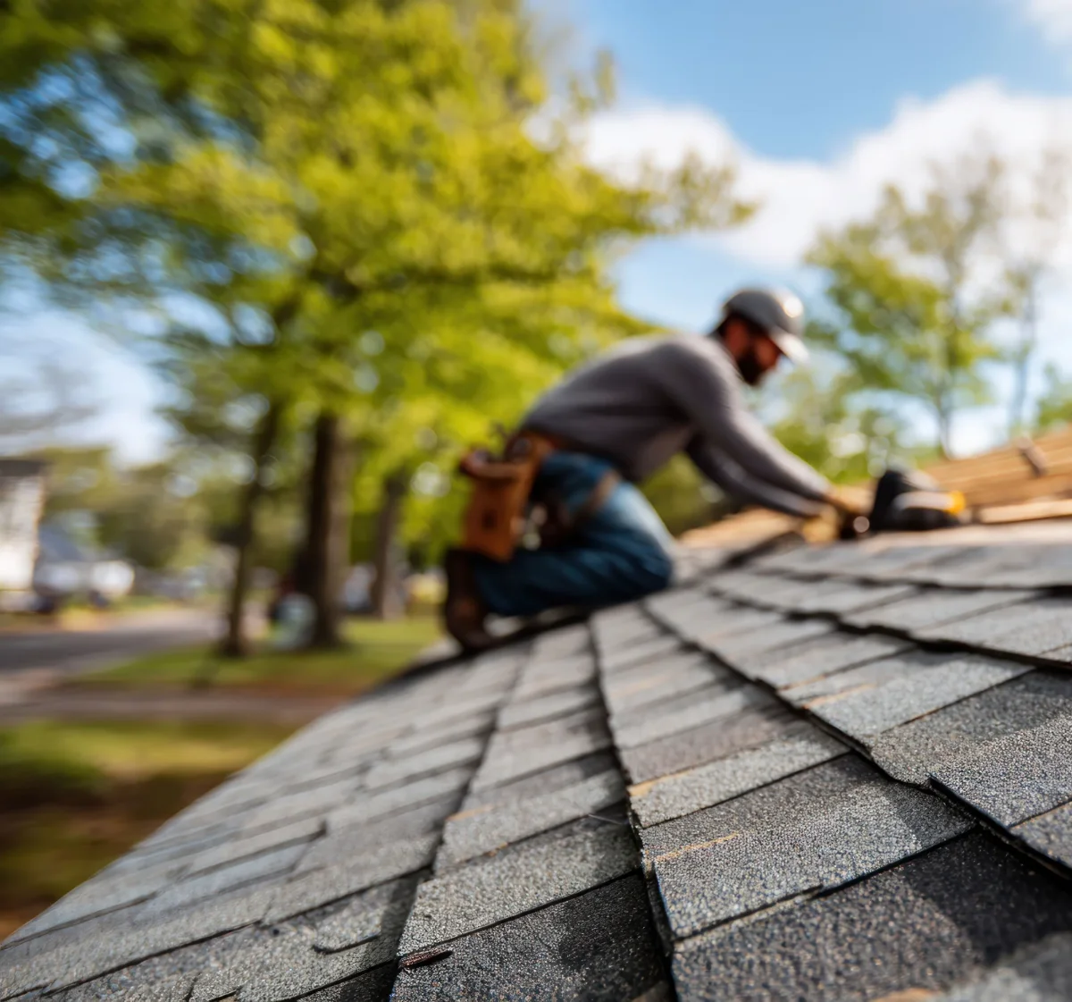 Roofer installing new shingles during a roof replacement
